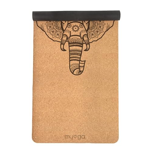 Myga XL Kork Yogamatte, 200 cm x 70 cm, rutschfest, wärmeregulierend, leicht tragbar, 6 mm dick, Elefanten Design, Naturkork