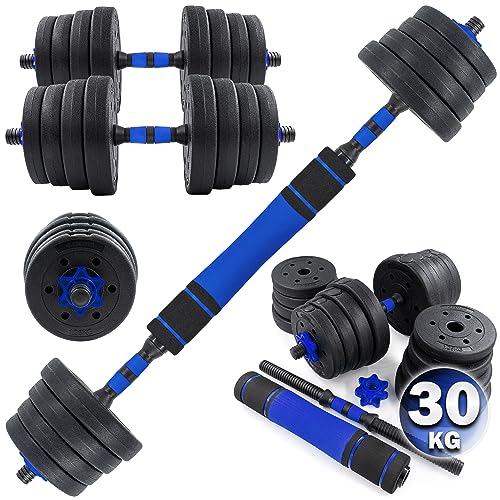 C.P.Sports 2in1 Kurzhantel & Langhantel Set 30kg / 40kg | Hantelscheiben – Gewichte – Hantelstangen | verstellbare Hanteln – Hantelset für Krafttraining, Fitness, Home Gym (blau-schwarz – 30kg Set)