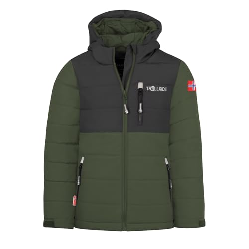 TROLLKIDS Hemsedal Kinder Skijacke XT, zweifarbige wetterfeste Skijacke mit Kapuze, grün 128