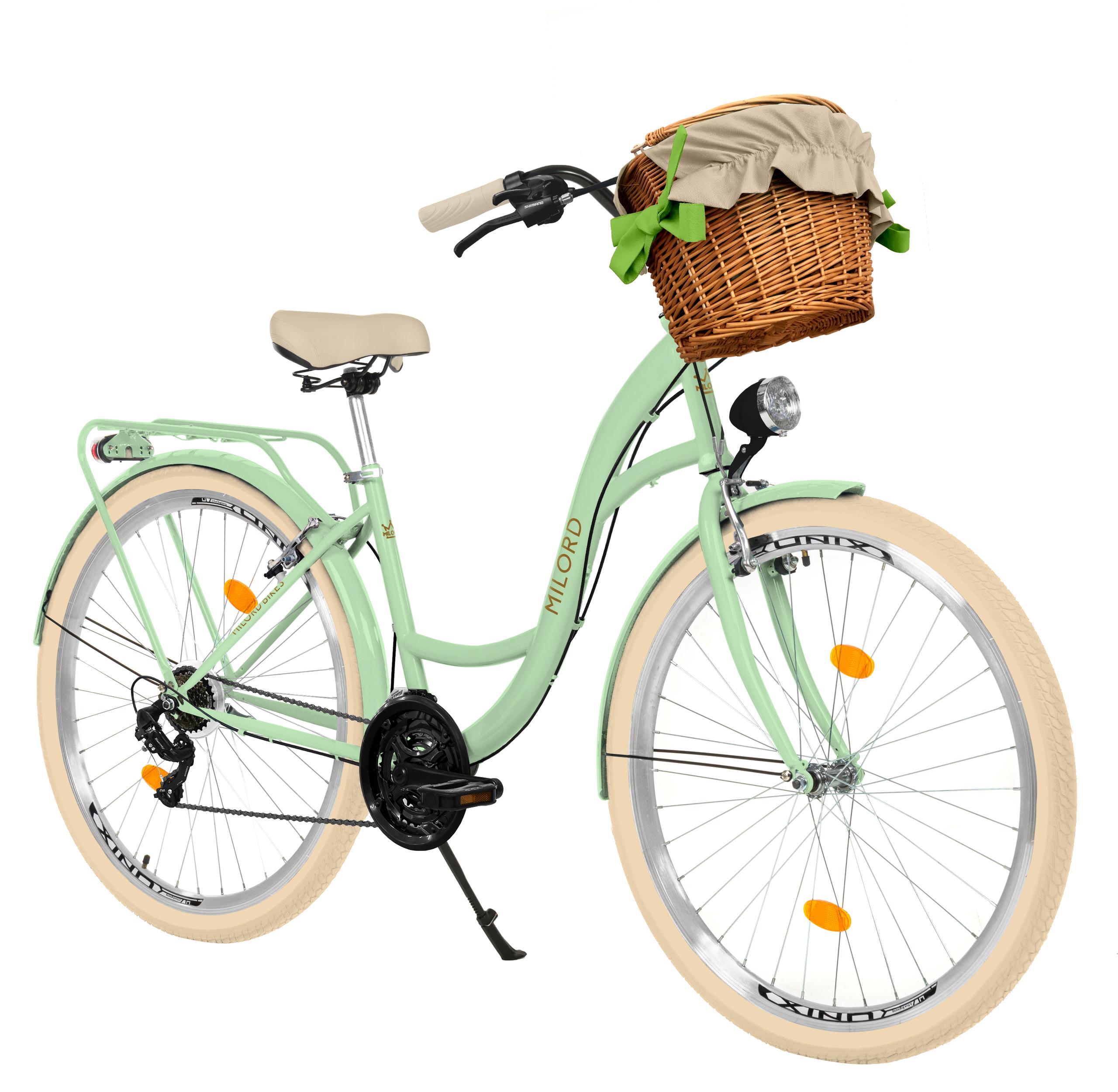 MILORD Damenfahrrad Citybike Komfort mit 21-Gang-Schaltung, 26 Zoll, Weidenkorb, Grün-Creme