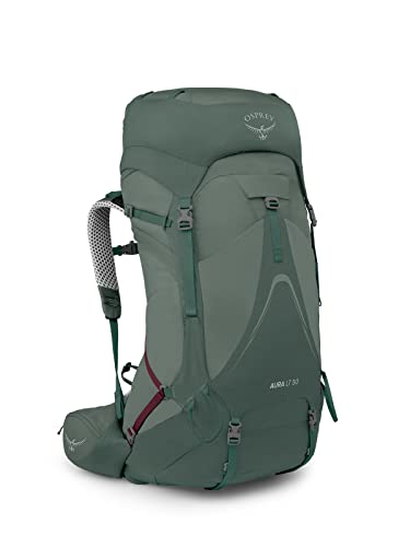 Osprey Aura AG LT 50 Koseret/Darjeeling Spring Green WXS/S, Wanderrucksack mit Regenhülle und U-förmigem Reißverschlusszugang