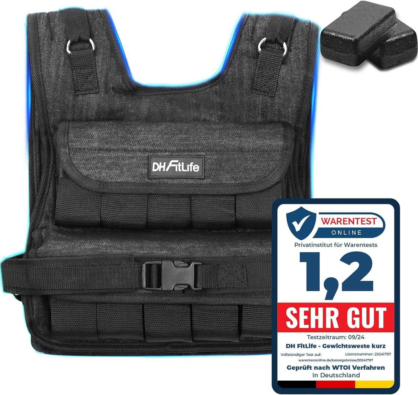 DH FitLife Gewichtsweste 10kg/20kg, kompakt und stabil mit verstellbarem Gewicht für Muskelaufbau und Krafttraining, Laufweste für Damen und Herren