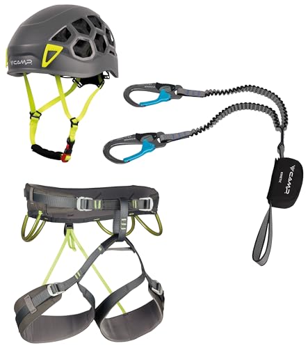 C.A.M.P. KIT FERRATA Kinetic Rewind PRO Energy CR 4, erstklassiges Klettersteigset mit Helm und Gurt, Anthrazitgrau/Limette/Hellblau, Größe S