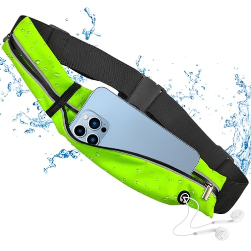 Yagaspantery Laufgürtel für Handy, wasserdichte Hüfttasche mit 2 Reißverschlusstaschen, verstellbarem Gummiband, fluoreszierendes Grün