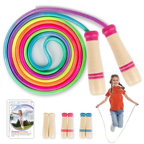 Paleclouds Springseil Kinder, Verstellbares 250CM Jump Rope mit Holzgriff und Regenbogen-Design, ideal für Fitness und Spiel, rosa