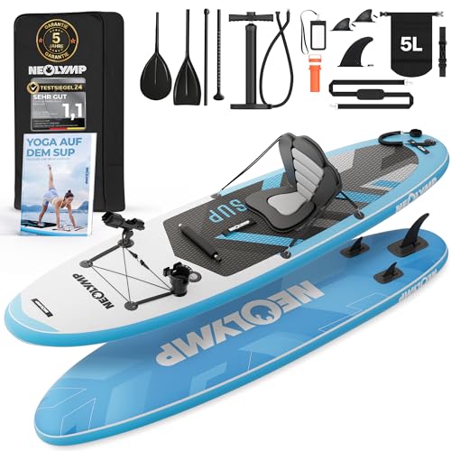 NEOLYMP Aufblasbares Stand Up Paddle Board 315 cm – SUP Komplett-Set 13-TLG. inkl. Kajaksitz, Doppelpaddel, Pumpe, Rucksack – bis 150 kg Traglast – für Kinder & Erwachsene – leicht und reisefreundlich