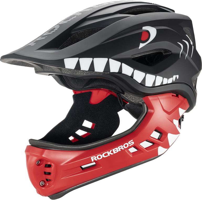 Rockbros TT-32006 Shark Kinderhelm, Fahrradhelm mit abnehmbarem Kinnschutz, 48-52 cm, schwarz
