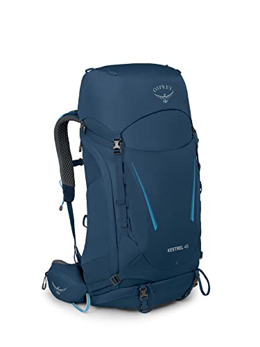 Osprey Kestrel 48, Wanderrucksack für Herren mit verstellbarer AirScape Rückenplatte, integrierter Regenhülle und Trekkingstock-Befestigung, Atlas Blue S/M