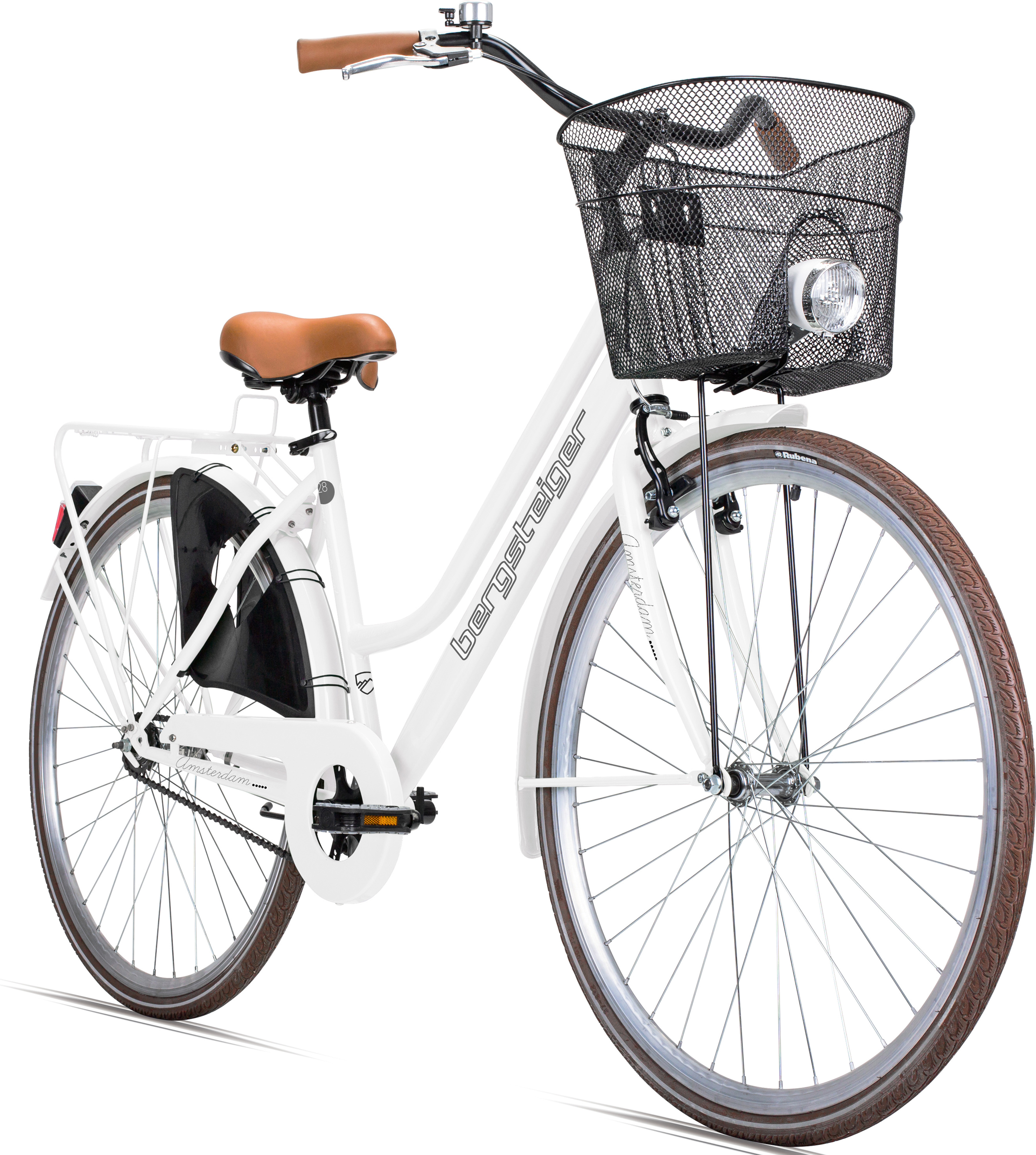 Bergsteiger Amsterdam Damenfahrrad 28 Zoll, mit Korb, Licht, Rücktrittbremse, Rahmenhöhe 48 cm, Hollandrad im Retro-Design, Weiß