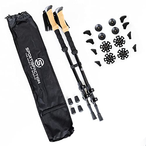 Sportisfaction Carbon Wanderstöcke, Teleskopverstellung 63-140 cm, Korkgriff, ultraleicht 260g, inkl. 5 austauschbare Aufsätze