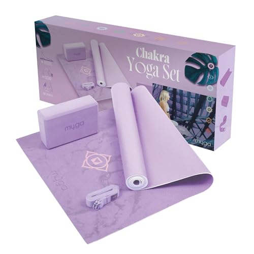 Myga Yoga Starter Kit, Komplettes Set mit rutschfester Yogamatte, Yogablock & Gurt, fliederfarbenes Chakra Design, ideal für Anfänger & unterwegs