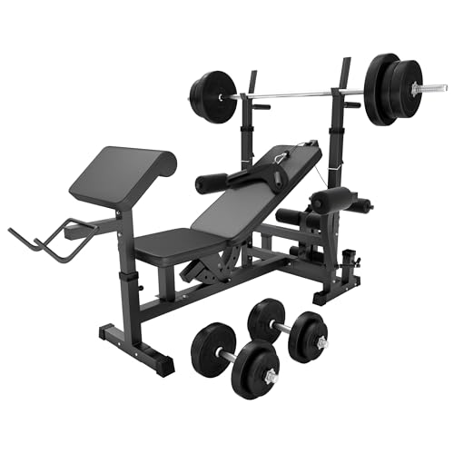 GORILLA SPORTS®Hantelbank mit Gewichten - 170 cm Hantelstange, 40/70/100 kg Hantelset, Beincurler, Butterfly, Dip-station, Curlpult - Multifunktionale Trainingsbank in Schwarz