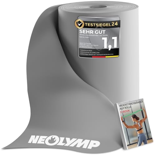 NEOLYMP Widerstandsbänder auf Rolle – Zuschneidbare Fitnessbänder aus TPE, grau, 15 cm breit, 5 Stärken (7-8 KG) & 3 Längen (2,5 m, 23 m, 46 m) für Krafttraining und Reha