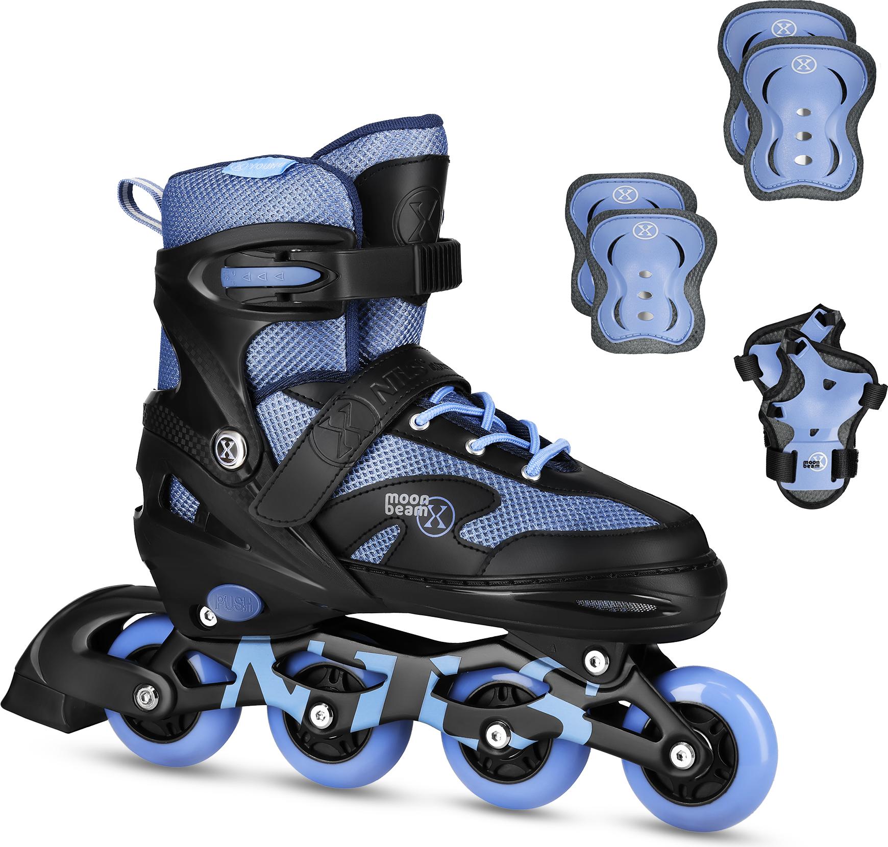 ROSFIX Moonbeam LED-Inlineskates Set M, mit Schutzausrüstung für Handgelenke, Ellbogen und Knie, Blau