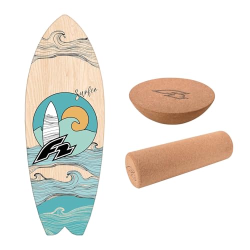 F2 Balance Board Surfer 87x32cm, Set mit Halbkugel und Korkrolle, rutschfest aus 8-lagigem Birkenholz