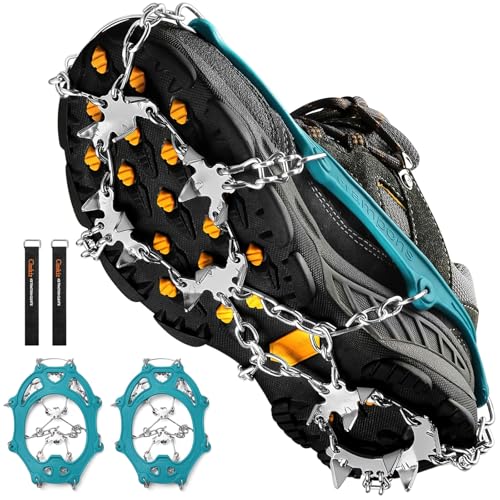 Cimkiz Grödel Steigeisen für Bergschuhe, 19 Zähne Edelstahl Anti-Rutsch Schuhspikes, Teal, Größe L für Wandern, Trail Running und Trekking