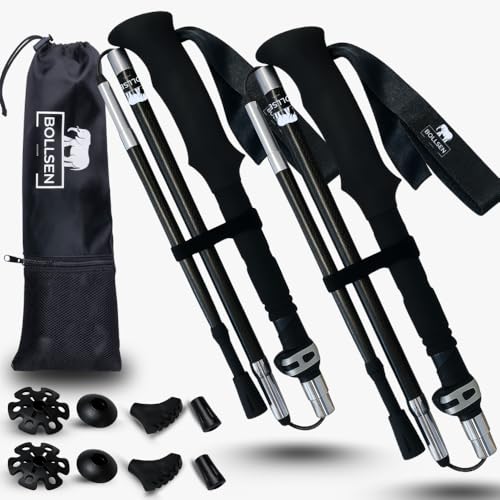 BOLLSEN 3K Carbon Extreme Wanderstöcke, klappbar & höhenverstellbar, ultraleicht mit Wolframspitzen für Wandern, Trekking & Nordic Walking