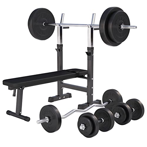 GORILLA SPORTS® Hantelbank - mit Ablage und Dip-Station, inkl. Hantelset 100kg, Verstellbar, Klappbar, Schwarz/Weiß - Drückerbank, Fitness Flachbank, Multifunktion, Trainingsbank mit Gewichten - Preisvergleich