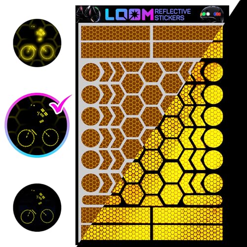 LOOM Fahrrad Reflektoren Aufkleber Set, 67 Stück in Prismatic Gelb, Wasserdicht, German Oralite Qualität für Helm, Auto und Anhänger