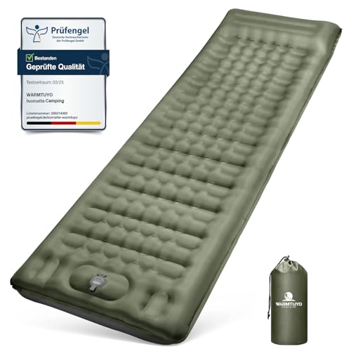 WARMTUYO Isomatte Camping, 12CM Verdickte Aufblasbare Matratze, Wasserdicht mit Fußpressepumpe und Kissen, Anti-Ripstop Schlafmatte für Wandern und Strand, Tragbar und leicht, 1kg