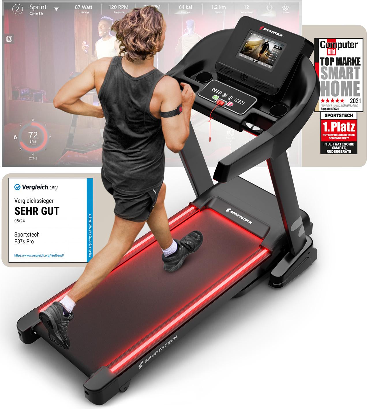 Sportstech F37s Pro Laufband klappbar, 20 km/h, 7 PS, 15 Steigungslevel, App-kompatibel, 150 kg, 10,1" Touchscreen