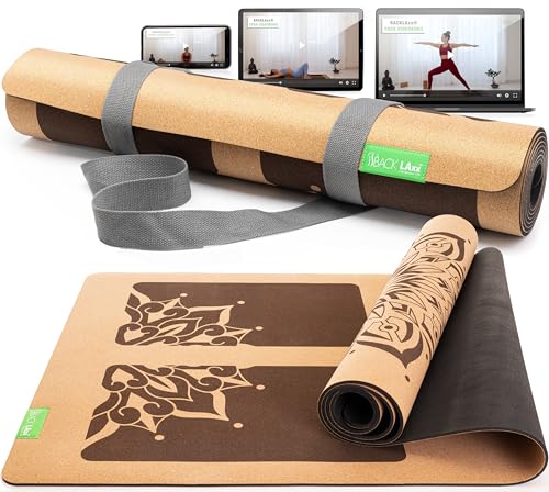 BACKLAxx® Yogamatte Kork mit Naturkautschuk - Yoga Matte nachhaltig, schadstofffrei, Yogamatte rutschfest, Fitnessmatte mit Anti-Rutsch-Zonen inkl. Tragegurt, Turnmatte für Yoga und Matte Sport