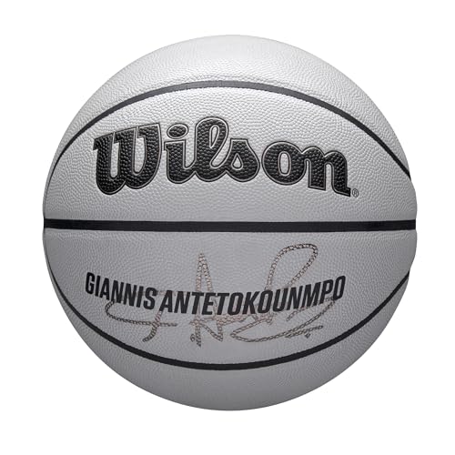 Wilson NBA Player Icon UV Basketball, Antetokounmpo Design, UV-Schutz, Pure Feel Textur, True Grip Beschichtung, Grau, Größe 7