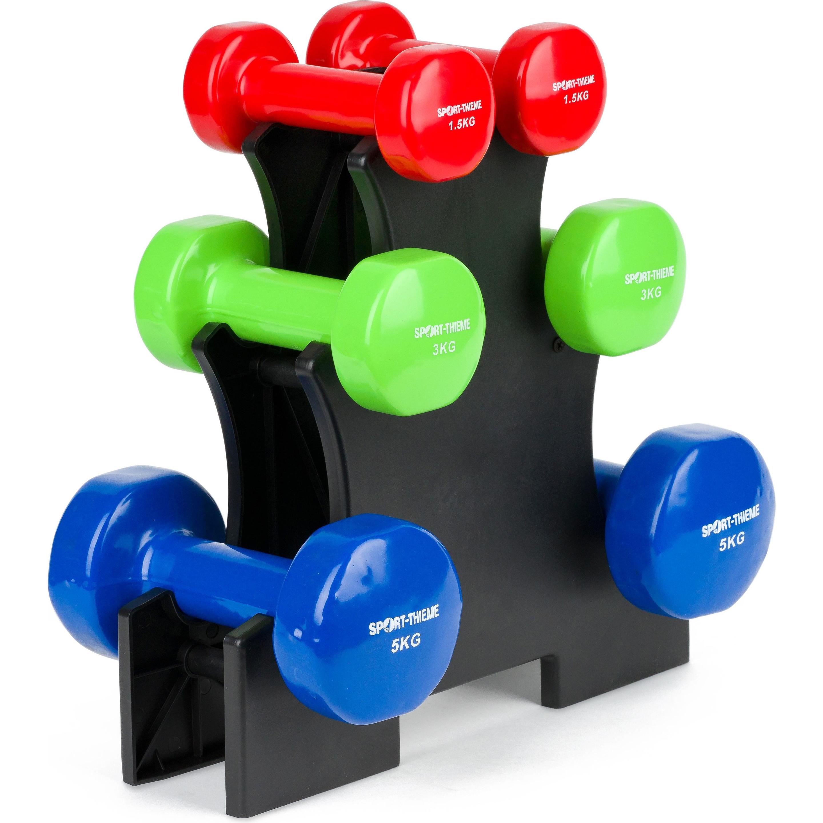 Sport-Thieme Fausthantel-Set Vinyl, 6 Kurzhanteln in 1,5 kg, 3 kg und 5 kg mit Ablageständer, ideal für Fitness- und Krafttraining