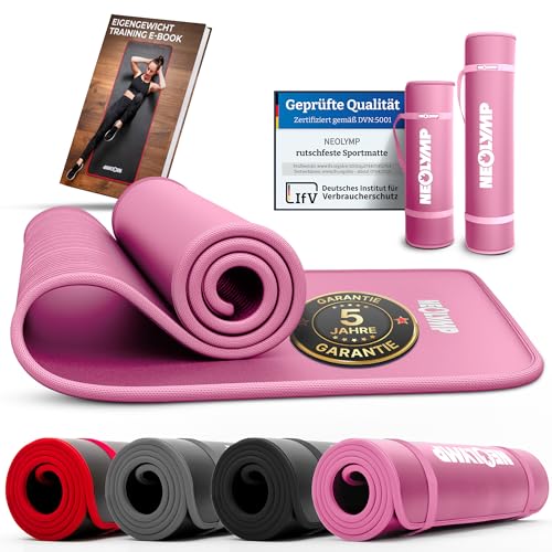 NEOLYMP Fitnessmatte, Yogamatte in Pink mit Tragegurt und Trainingsbuch inklusive Übungseinheiten