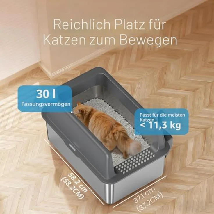 Zarler XL Edelstahl Katzenklo mit Deckel, 58x37x26cm - Hoher Rand, Antihaft-Oberfläche, Grau - Ideal für große Katzen und Mehrkatzenhaushalte – Bild 5