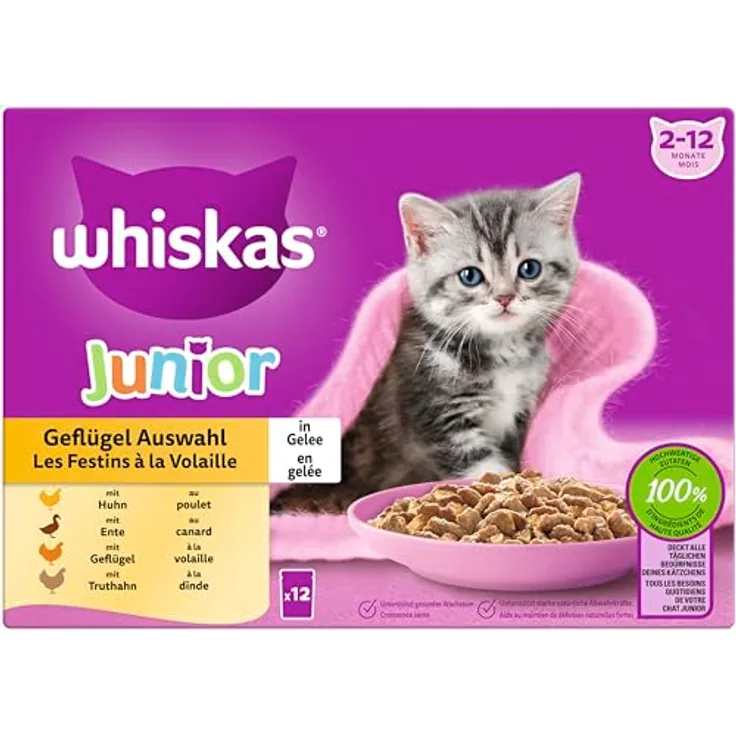 Whiskas Multipack Junior Geflügel Auswahl in Gelee, 12 x 85g, ernährungsphysiologisch ausgewogen