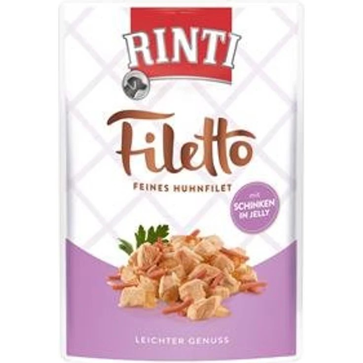 Rinti Sparpaket Filetto Pouch in Jelly, 48 x 100 g - Huhn mit Schinken, artgerechtes Hunde-Nassfutter in weichem Gelee
