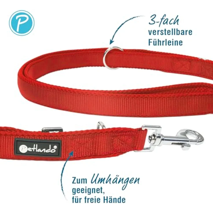 Petlando Hundeleine 2m Mesh weich gepolstert, Rot, 3-fach verstellbar für optimale Flexibilität, 230x1,5cm – Bild 2