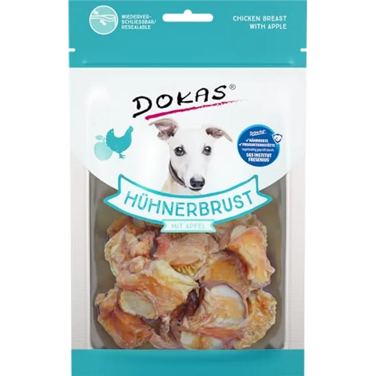 Dokas Kausnack Hühnerbrust mit Apfel, Sparpaket 12 x 70 g, hochwertiger Hundesnack ohne Zucker und Konservierungsstoffe, wiederverschließbarer Beutel