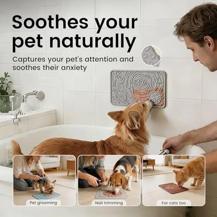 OHMO Schleckmatte, Leckmatte für Hunde und Katzen, 2er Set, Lebensmittelechtes Silikon, Hellgrau & Beige, Anti-Angst und langsame Fütterung – Bild 3