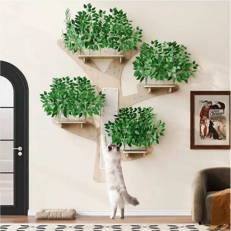 Odikalo Kratzbaum Katzenkratzsäule Baumform, Wand-Kratzbaum mit Kratzfläche & Plattformen, grün, 155×210 cm