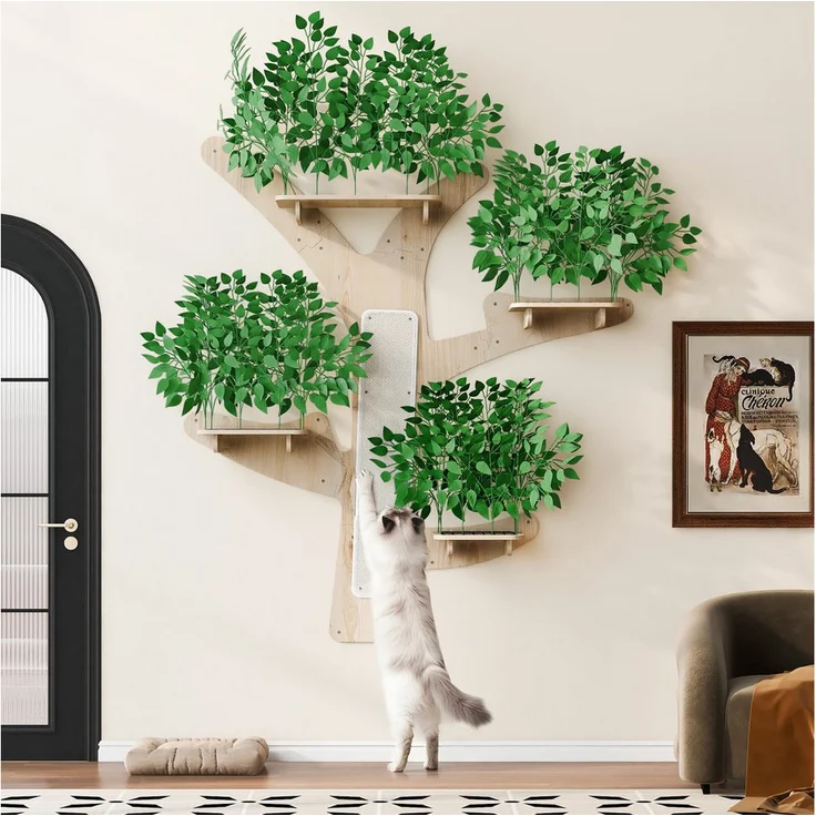 Odikalo Kratzbaum Katzenkratzsäule Baumform, Wand-Kratzbaum mit Kratzfläche & Plattformen, grün, 155×210 cm