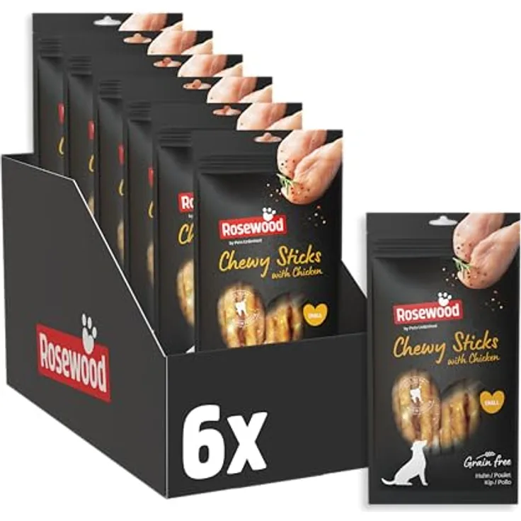 Rosewood Chewy Sticks Huhn Small, Kaustangen für Hunde mit getrocknetem Huhn und Rinderhaut, fördert die Zahngesundheit, ohne Getreide und Gluten, 6er Pack (6x100 g)