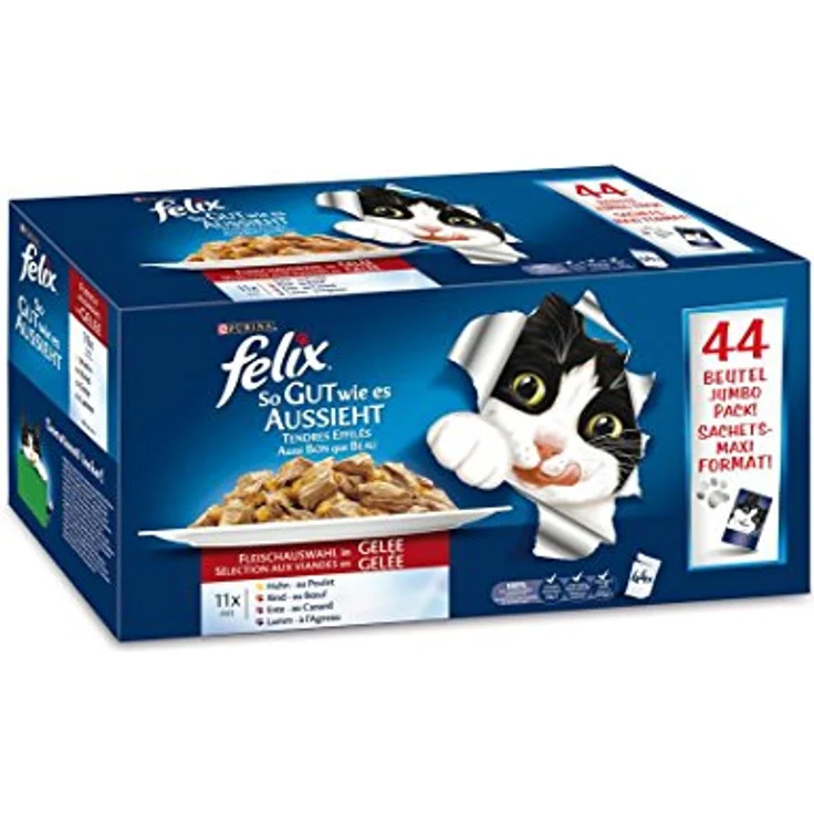 Felix So gut wie es aussieht, Jumbopack Katzennassfutter, Geschmacksvielfalt in Gelee mit Huhn, Rind, Ente & Lamm, 44 x 100 g