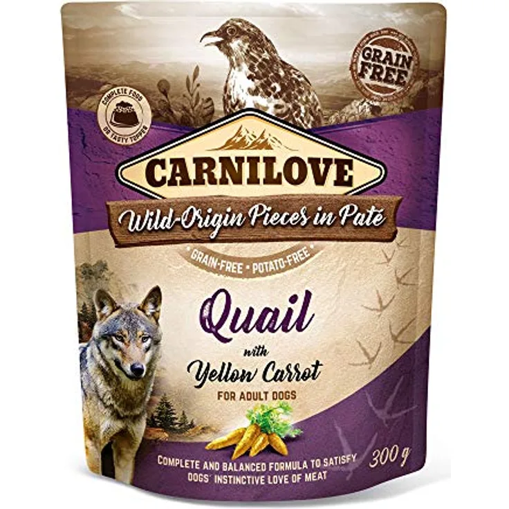 CARNILOVE Quail with Yellow Carrot, 300 g Nassfutter für ausgewachsene Hunde, kartoffel- und getreidefrei, 85% Fleisch und Innereien