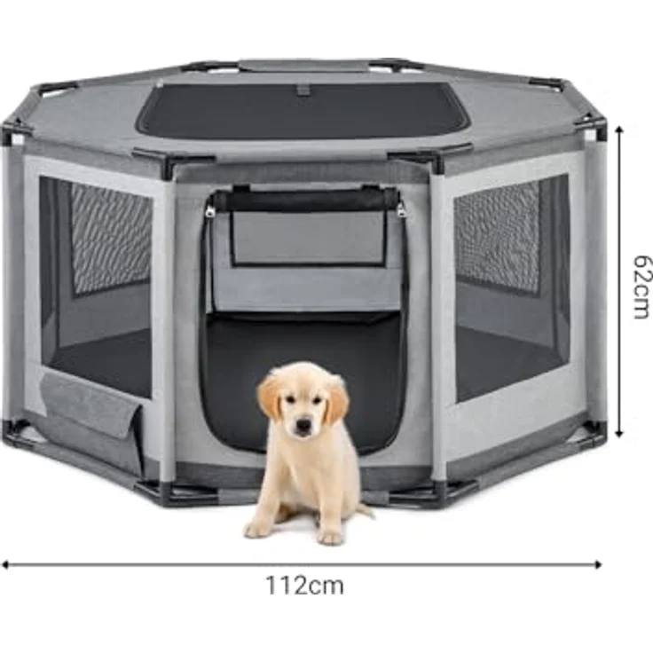 lionto Welpenauslauf, achteckiger Hundekäfig aus Oxford-Gewebe mit PVC-Rahmen, atmungsaktives Netz, Reißverschluss & Seitentasche, 112x112x62 cm, grau – Bild 5