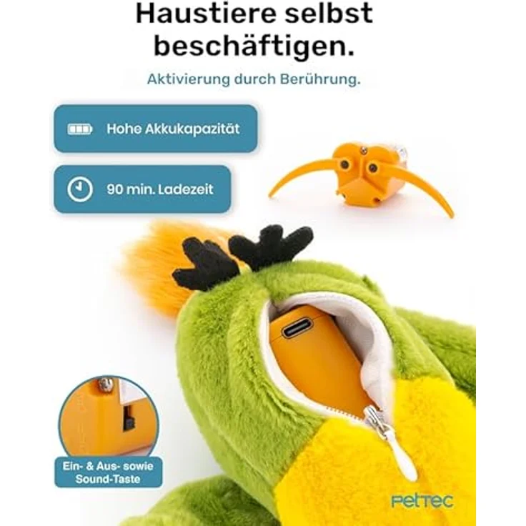 PetTec interaktives Plüschtier für Katzen, Papagei mit beweglichen Flügeln und Katzenminze, für stundenlangen Spielspaß – Bild 3