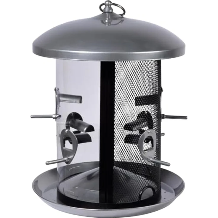 Dobar 19981 Große Futtersäule mit Kammern und Anflugstangen, Wildvogel-Futterstation zum Aufhängen, 24,5 24,5 34,5 cm, Metall, Silber – Bild 2