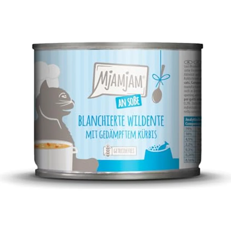 MjAMjAM Sparpaket an Soße 24 x 185 g, Nassfutter für Katzen - blanchierte Wildente mit gedämpftem Kürbis, getreidefrei und ohne Zuckerzusatz – Bild 1
