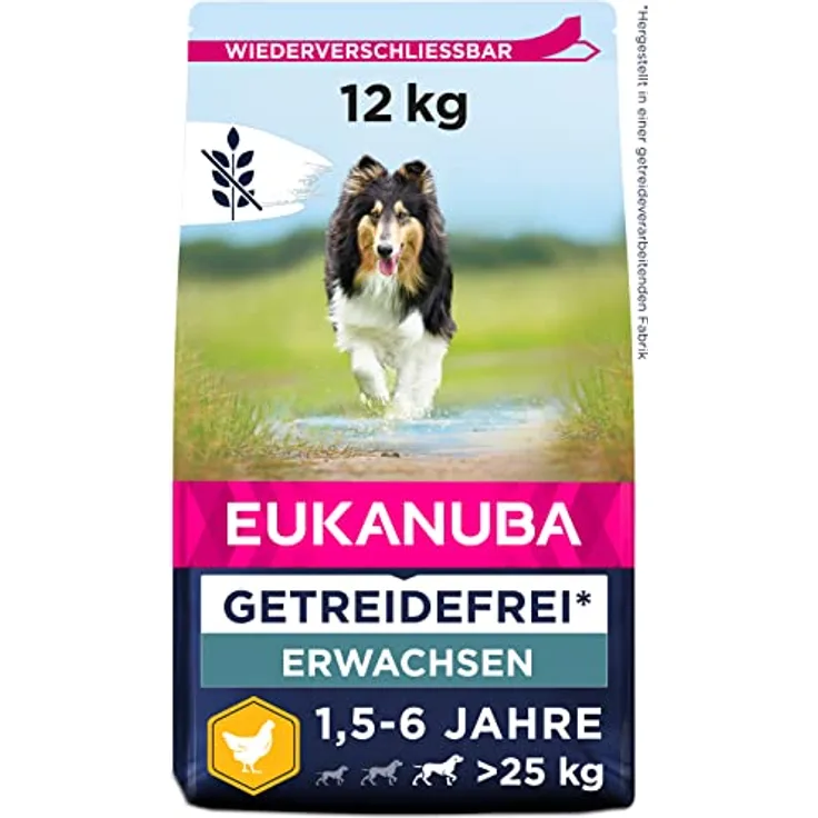 Eukanuba Hundefutter getreidefrei mit Huhn für große Rassen, Trockenfutter für ausgewachsene Hunde, 12 kg, reich an frischem Huhn, glutenfrei, mit Glucosamin für gesunde Gelenke