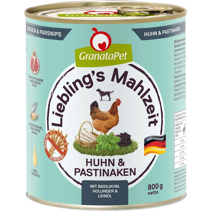 GranataPet Liebling's Mahlzeit Huhn und Pastinaken, zucker- und glutenfreies Hunde-Nassfutter, 6x800g