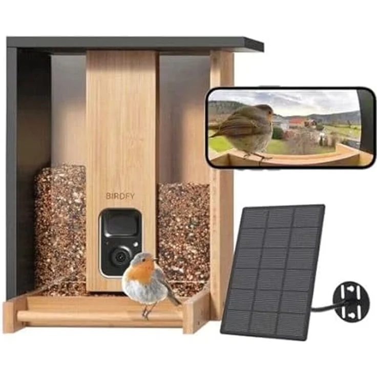 Birdfy Futterautomat Bamboo AI, smarter Vogelfutterspender aus FSC-zertifiziertem Bambus mit Solarpanel, Vogelhaus – Bild 1
