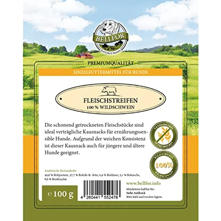 Bellfor Fleischstreifen Wildschwein, 100 g, getreidefreier Hundesnack aus 100% regionalem Wildschweinfleisch, weich und gut verdaulich – Bild 2