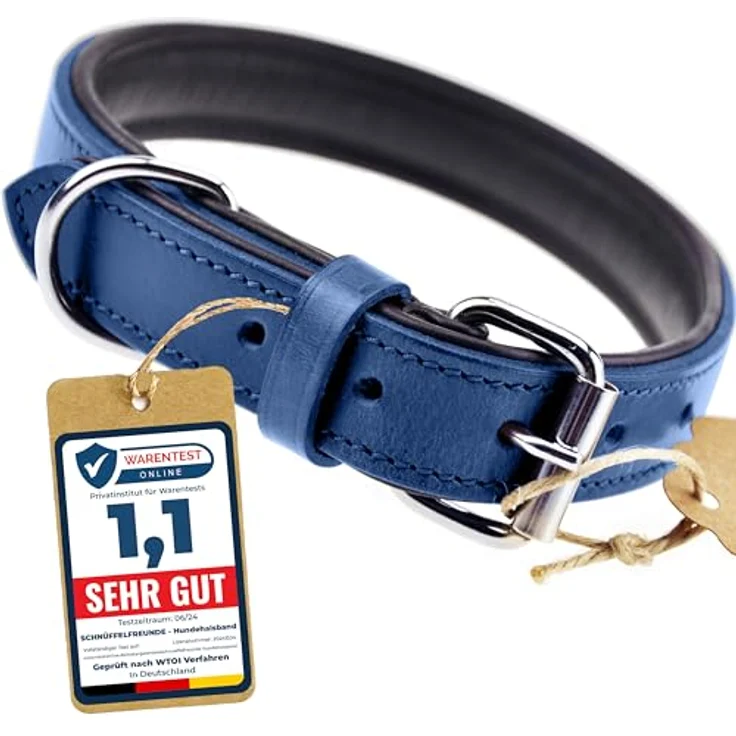 Schnüffelfreunde Lederhalsband für Hunde, handgenähtes, gepolstertes und robustes Hundehalsband in Blau, Größe L (36-45 cm) – Bild 1