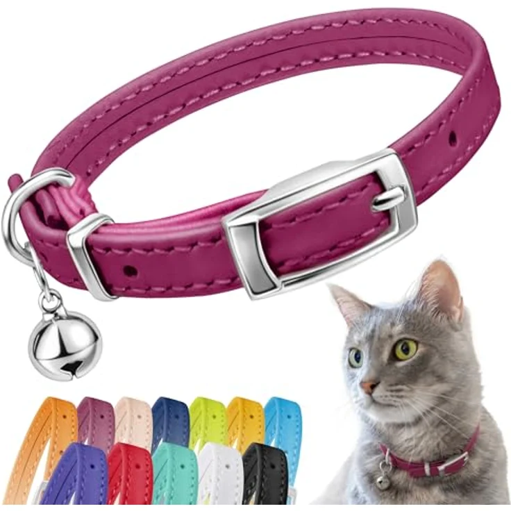 CollarDirect Leder Katzenhalsband mit Sicherheitsverschluss, 23-28 cm, Rosa, Elastischer Gurt und Glocke für Mittlere Katzen – Bild 1
